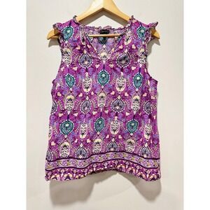 Talbots Purple Paisley Floral Flutter Sleeve 100% Cotton Blouse Top Large